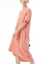 Loose Orange O-Neck Solid Cotton Long Dress Summer