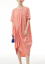 Loose Orange O-Neck Solid Cotton Long Dress Summer