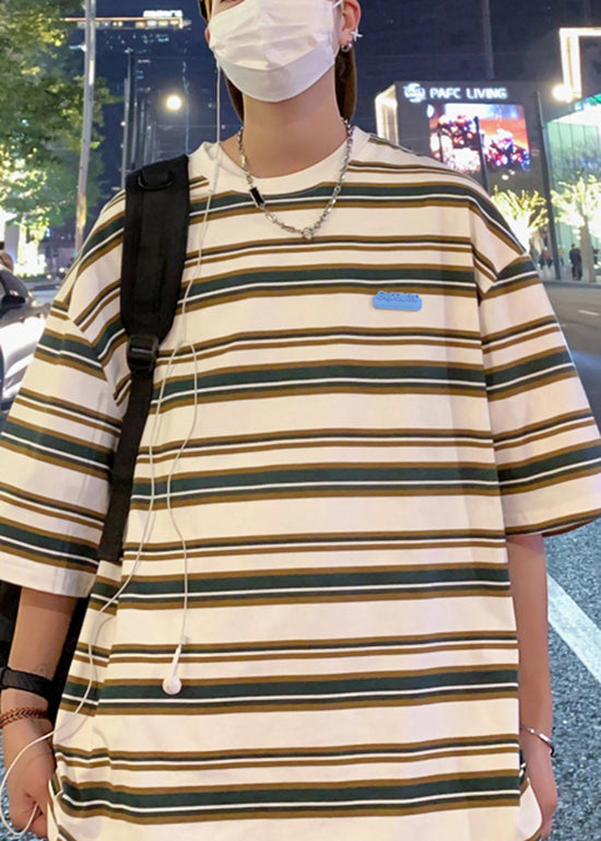 Loose Orange O Neck Striped Cotton T Shirts Men Apparel Summer