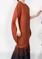 Loose Orange O Neck Tasseled Cotton Dresses Half Sleeve