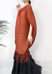 Loose Orange O Neck Tasseled Cotton Dresses Half Sleeve