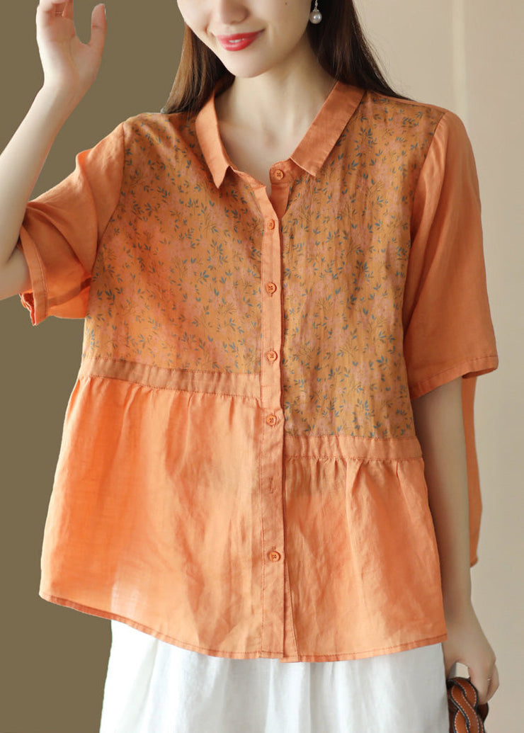 Loose Orange Peter Pan Collar Print Patchwork Linen Blouse Top Summer