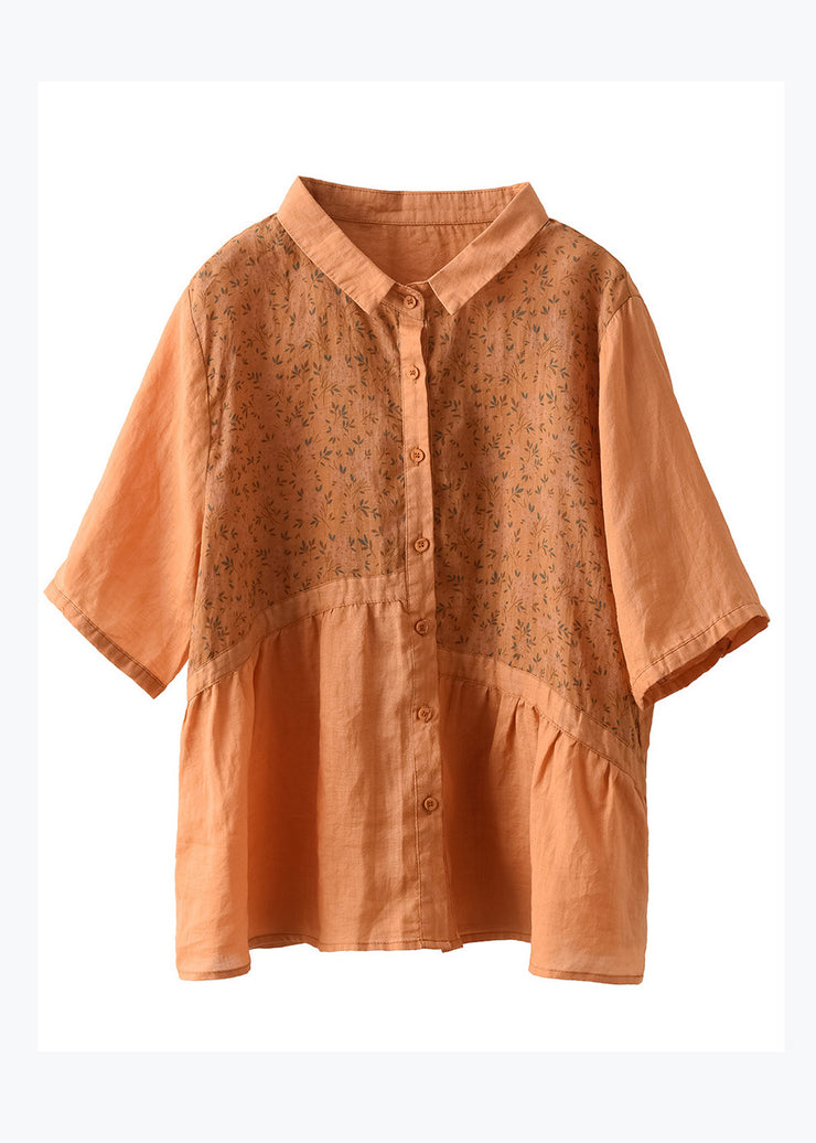 Loose Orange Peter Pan Collar Print Patchwork Linen Blouse Top Summer