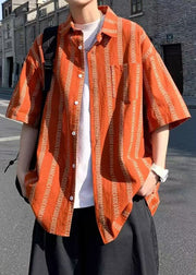 Loose Orange Peter Pan Collar Striped Cotton Men Shirt Summer