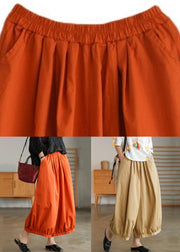 Loose Orange Pockets Elastic Waist Cotton Crop Pants Summer