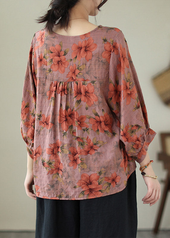 Loose Orange Print Cozy Cotton Top Summer