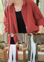 Loose Orange Red Button Side Open Linen Long Coats Long Sleeve