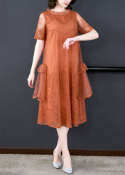 Loose Orange Ruffled Embroidered Tulle Dress Summer