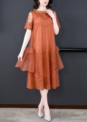 Loose Orange Ruffled Embroidered Tulle Dress Summer