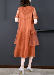 Loose Orange Ruffled Embroidered Tulle Dress Summer