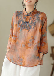 Loose Orange Stand Collar Embroideried Print Cotton Shirt Bracelet Sleeve