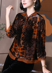 Loose Orange Stand Collar Patchwork Silk Velour Blouses Bracelet Sleeve