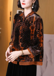 Loose Orange Stand Collar Patchwork Silk Velour Blouses Bracelet Sleeve