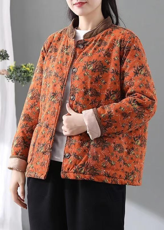 Loose Orange Stand Collar Pockets Print Fine Cotton Filled Jacket Spring