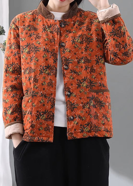 Loose Orange Stand Collar Pockets Print Fine Cotton Filled Jacket Spring