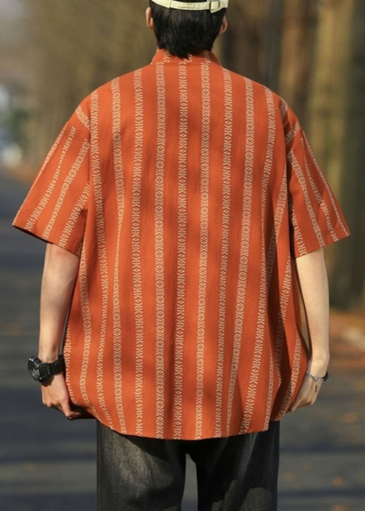 Loose Orange Striped Button Cotton Mens Shirt Half Sleeve