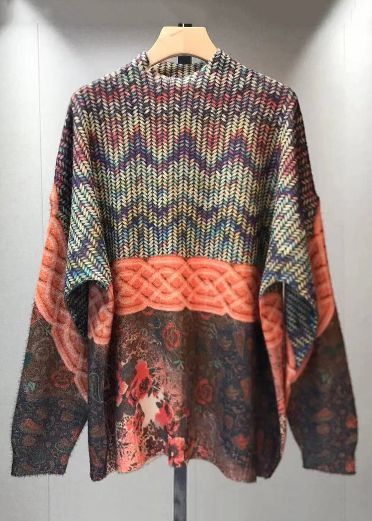 Loose Orange Turtleneck Print Patchwork Mink Hair Knitted Top Fall