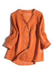 Loose Orange V Neck Button Linen Shirt Bracelet Sleeve