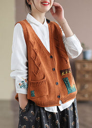 Loose Orange V Neck Patchwork Applique Knit Vest Sleeveless