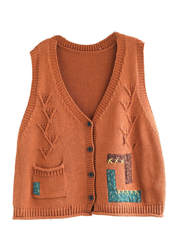 Loose Orange V Neck Patchwork Applique Knit Vest Sleeveless