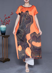 Loose Orange V Neck Print Draping Silk Party Dress Summer