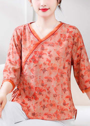 Loose Orange V Neck Print Linen Shirt Half Sleeve