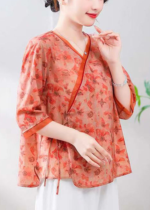 Loose Orange V Neck Print Linen Shirt Half Sleeve