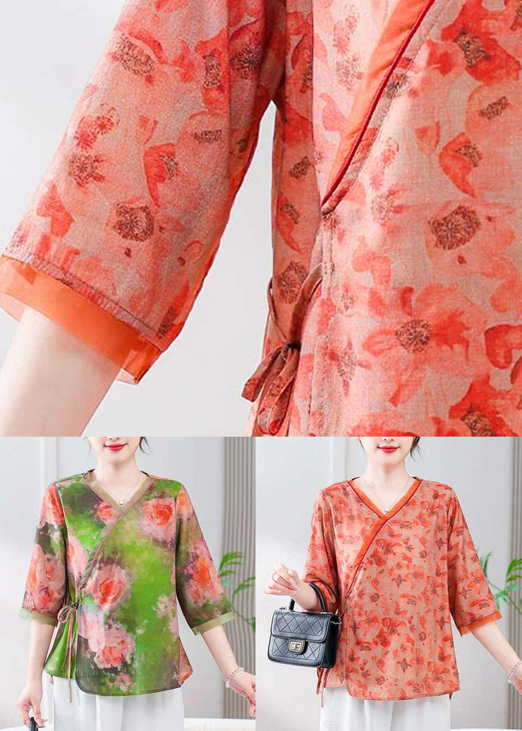 Loose Orange V Neck Print Linen Shirt Half Sleeve