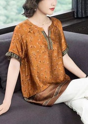 Loose Orange V Neck Print Side Open Patchwork Silk T Shirts Summer