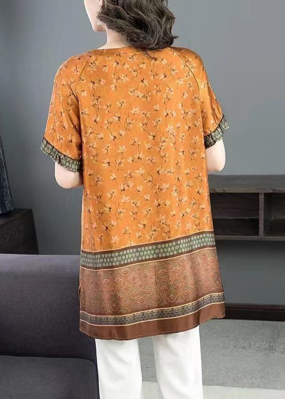 Loose Orange V Neck Print Side Open Patchwork Silk T Shirts Summer