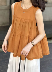 Loose Orange Wrinkled Lace Up Cotton Top Sleeveless