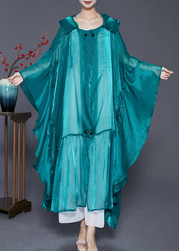 Loose Peacock Green Hooded Patchwork Silk Long Cardigans Summer