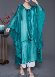 Loose Peacock Green Hooded Patchwork Silk Long Cardigans Summer