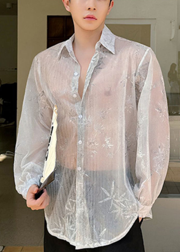 Loose Peter Pan Collar Embroideried Ice Silk Men Shirts Long Sleeve