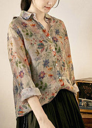 Loose Peter Pan Collar Print Button Low High Design Linen Shirt Long Sleeve