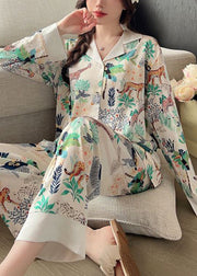 Loose Photo Color Peter Pan Collar Print Ice Silk PajamasTwo Pieces Set Spring