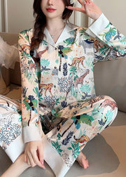 Loose Photo Color Peter Pan Collar Print Ice Silk PajamasTwo Pieces Set Spring