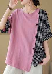 Loose Pink Asymmetrical Plaid Patchwork Button T Shirts Short Sleeve