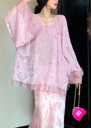 Loose Pink Button Lace Up Silk Velour Shirts Spring