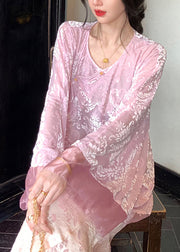 Loose Pink Button Lace Up Silk Velour Shirts Spring