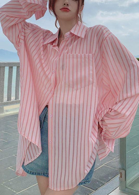 Loose Pink Button Pockets Cotton Blouses Long Sleeve