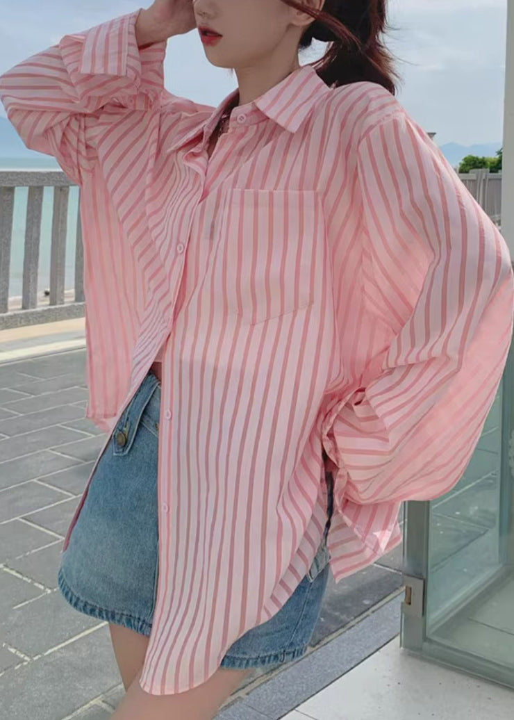 Loose Pink Button Pockets Cotton Blouses Long Sleeve