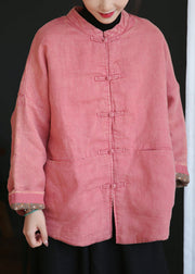 Loose Pink Button Pockets Cotton Filled Coats Long Sleeve