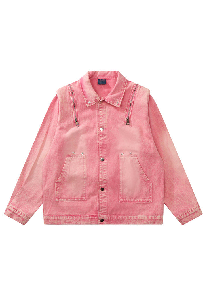 Loose Pink Button Pockets Patchwork Unisex Style Denim Coats Fall