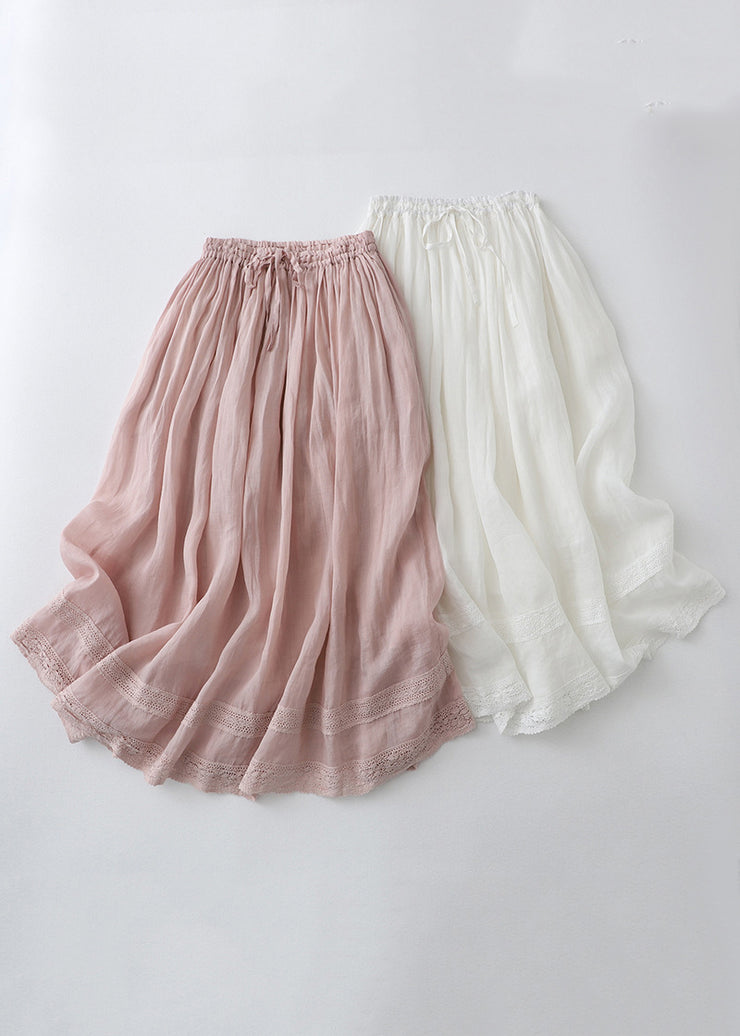 Loose Pink Drawstring Lace Linen Skirt Summer