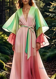 Loose Pink Drawstring Silk Maxi Dresses Flare Sleeve