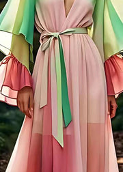 Loose Pink Drawstring Silk Maxi Dresses Flare Sleeve