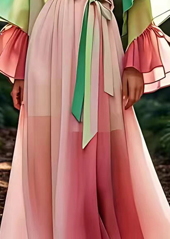 Loose Pink Drawstring Silk Maxi Dresses Flare Sleeve