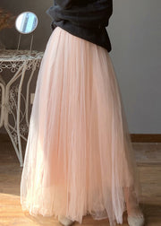 Loose Pink Elastic Waist Tulle Maxi Skirts