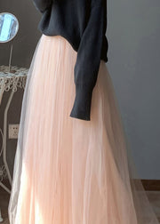 Loose Pink Elastic Waist Tulle Maxi Skirts